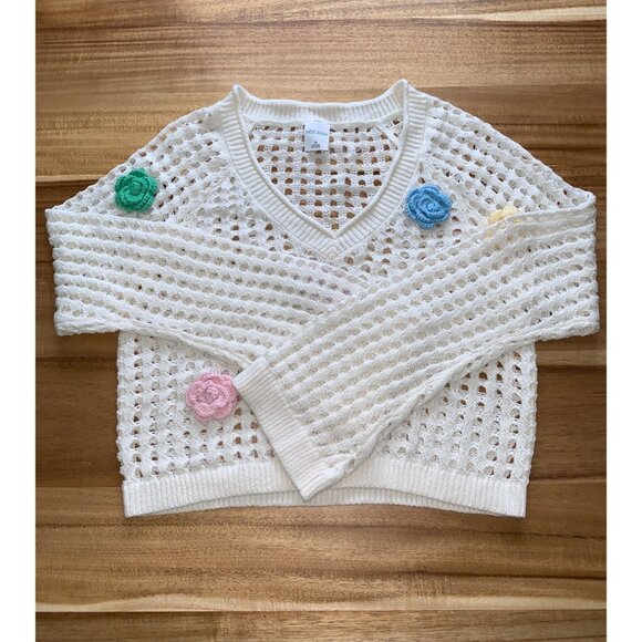 Wild Fable Womens Open-Knit Cropped Sweater w/ Colorful Crochet Flowers Medium - Picture 7 of 12